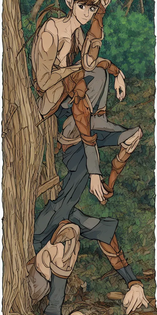 Prompt: an wood elf boy getting ready for an high fantasy adventure on the mountain side, anime style, tarot card, Tarot card the fool, fine line work, psychedelic