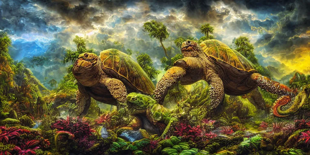 Image similar to fantasy oil painting, great leviathan, turtle cephalopod terrapin reptilian pachyderm amphibian hybrid, rainforest mountains, lush plants flowers, epic natural light, bright clouds, luminous sky, alien spacecraft, outer worlds, bright cinematic key lighting, michael cheval, michael whelan, vray, 8 k hd