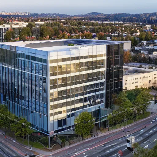 Prompt: wide aerial view, a beautiful office building exterior with sleek modern design by Gensler and large windows, golden hour - W 768