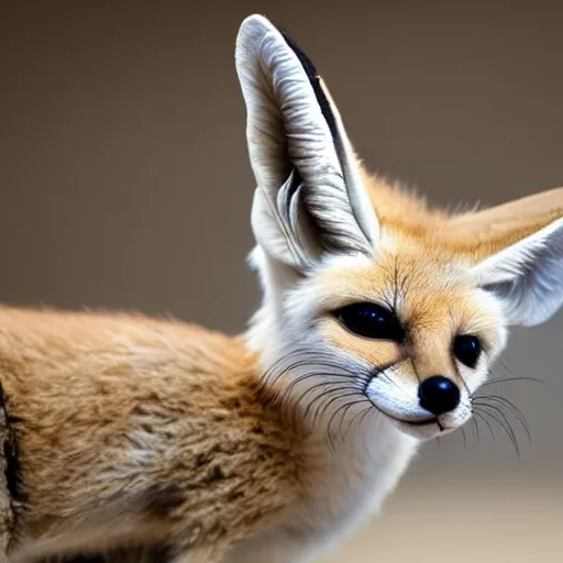 Image similar to close-up portrait of a fennec fox, hyper-realistic, incredibly detailed, highly textured, very beautiful, high contrast studio lighting, 50mm lens