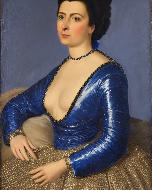 Prompt: an expensive portrait of a poised woman in metallic starry blue long structured robes, high collar, muted background
