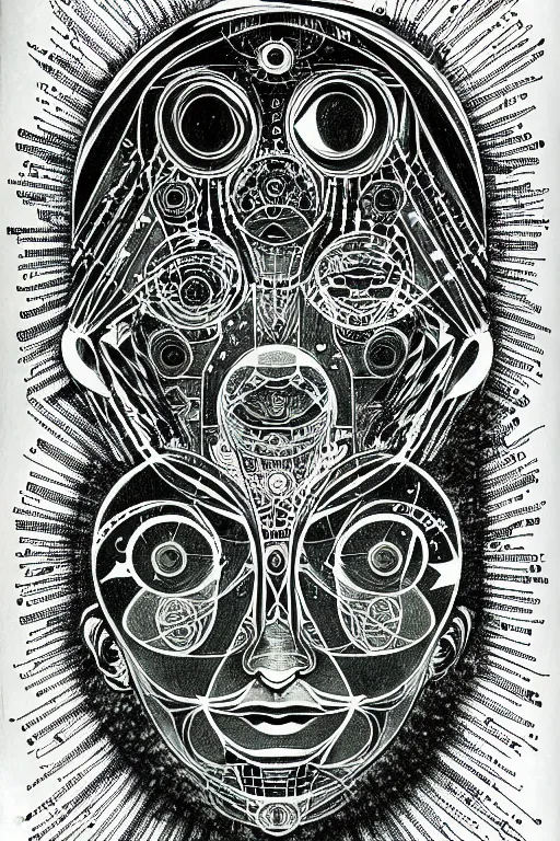 Image similar to a black and white drawing of awakened chakra android cyberpunk being, bioluminescence, a detailed mixed media collage by eduardo paolozzi and ernst haeckel, intricate linework, sketchbook psychedelic doodle comic drawing, geometric, deconstructivism, matte drawing, academic art, constructivism