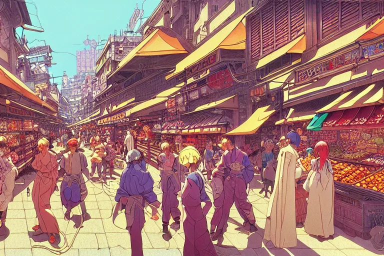 Prompt: cel shaded study of a busy market in a fantasy late renaissance city, key visual with intricate linework, in the style of moebius, ayami kojima, 90's anime, retro fantasy