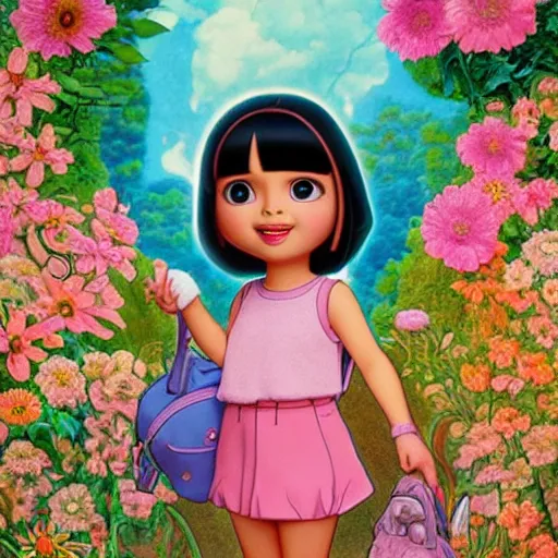 Prompt: dora the explorer as real girl in happy pose, detailed, intricate complex background, Pop Surrealism lowbrow art style, muted pastel colors, soft lighting, 50's looks by Mark Ryden,Yosuke Ueno,Kanjana Khumcruth (Gan),mucha, artstation cgsociety