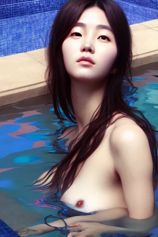 Image similar to beautiful half body portrait of hoyeon jung, face emerging from pool of water with high detail, 8 k, stunning detail, photo by artgerm, greg rutkowski and alphonse mucha, unreal engine 5, 4 k uhd