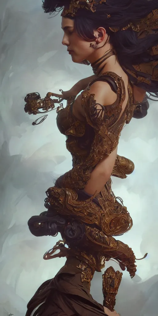 Image similar to high fashion shooting, intricate, highly detailed, action pose, digital painting, artstation, concept art, smooth, sharp focus, illustration, Unreal Engine 5, 8K, art by artgerm and greg rutkowski and alphonse mucha