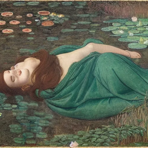 Prompt: ophelia, laying flat submerged in water, close up portrait, under the river amongst the reeds, fully covered in robes and lake foliage, weeds reeds, fully clothed in flowing medieval robes, by botticelli devinci rosetti and monet, 8 k