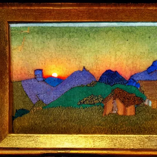 Prompt: a tilt-shift photograph of an Edmund Dulac and Ivan Bilibin inspired village scene and of a sunset and mountains. natural sunlight, golden hour. detailed, full color scheme