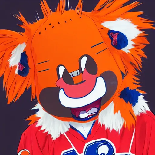 Image similar to anime Portrait of Youppi the Habs Montreal Canadiens Mascot as a very cute powerful and friendly pokemon in a Cheetos Ad, highly detailed anime, high evolution, 1990s, legendary, smooth, sharp focus, dynamic lighting, intricate, trending on ArtStation, cheetos pub, illustration pokemon, art by WLOP