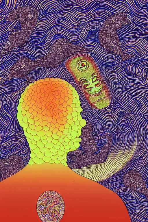 Image similar to man eats a tab of LSD acid on his tongue and dreams psychedelic hallucinations, screenprint by kawase hasui, alex grey and dan hillier, colorful flat surreal design, hd, 8k, artstation