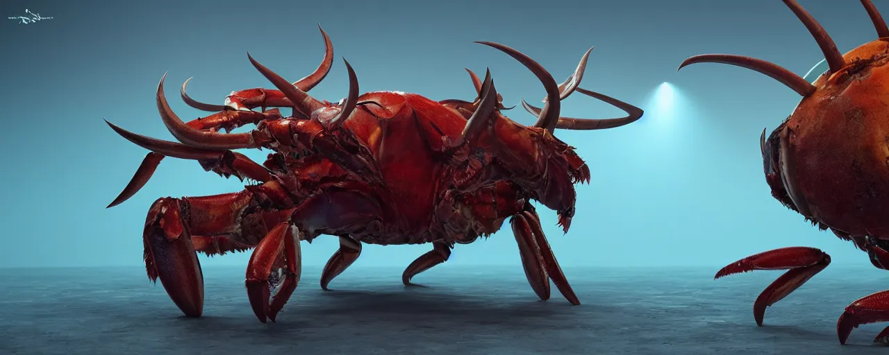 Prompt: creature design, a crab with oryx head and horns, oryx colored fur, cryptid, cinematic lighting, octane render, cinematic aura lighting, atmospheric, photorealistic, hyperdetailed 3 d matte painting, hyperrealism, hyperrealistic