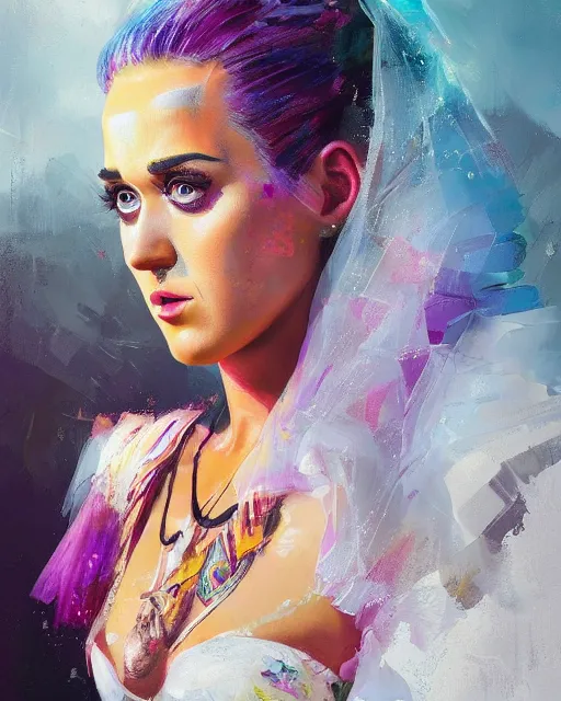 Prompt: highly detailed homeless katy perry portrait in wedding dress, ismail inceoglu, nielly