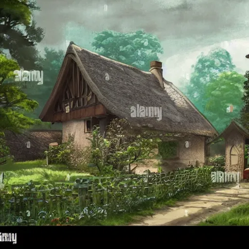 Image similar to concept art painting of an english european cottage with japanese architecture, in the woods, cozy, realistic, detailed, cel shaded, in the style of makoto shinkai and greg rutkowski and james gurney