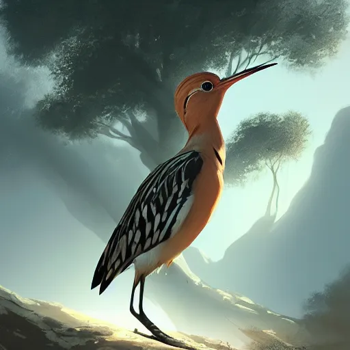 Image similar to hoopoe with big open crest in avila pinewood, 4 k, concept art, by wlop, ilya kuvshinov, artgerm, krenz cushart, greg rutkowski, pixiv. cinematic dramatic atmosphere, sharp focus, volumetric lighting, cinematic lighting, studio quality