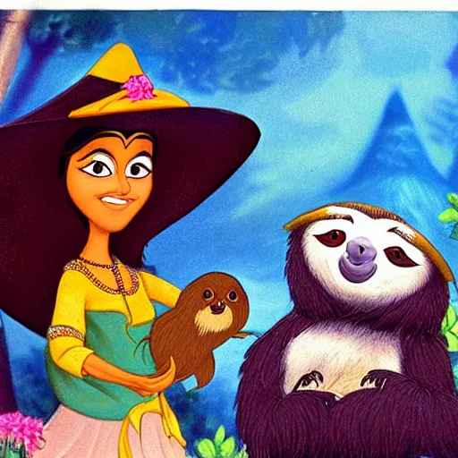 Image similar to a beautiful young indian cottagecore witch holds a cute sloth, 1 9 9 5 disney animation, highly detailed