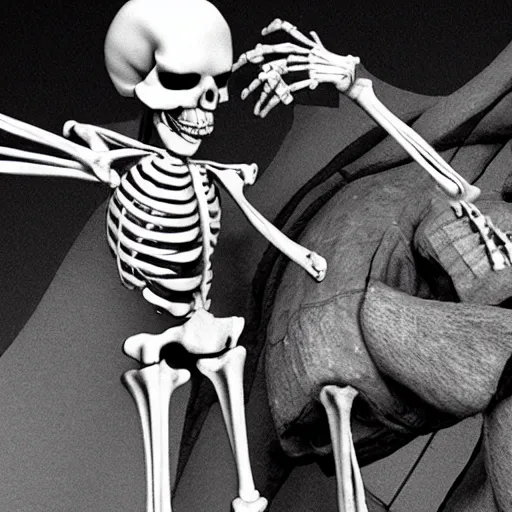 Prompt: skeleton laughing reaction image, movie still