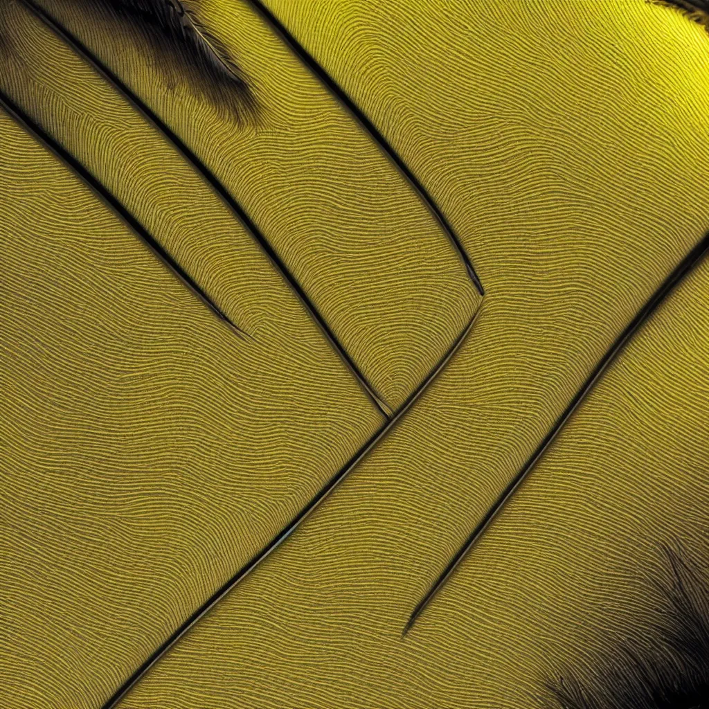 Prompt: close - up view of a feather on yellow background, 8 k, high detail, photorealistic, proper shading