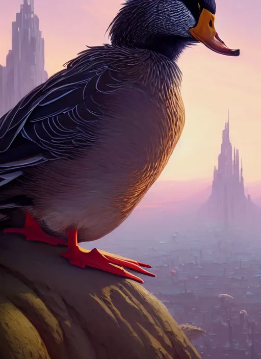 Image similar to highly detailed portrait of a heroic duck in gta v, stephen bliss, unreal engine, fantasy art by greg rutkowski, loish, rhads, ferdinand knab, makoto shinkai and lois van baarle, artgerm, pixar, ilya kuvshinov, rossdraws, tom bagshaw, global illumination, radiant light, detailed and intricate environment