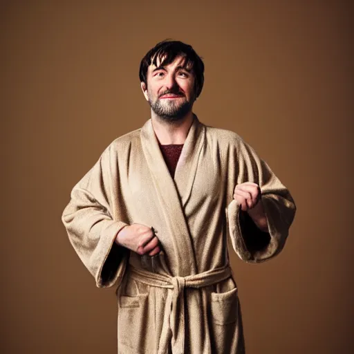 Image similar to richard iv the roman king, excited real human wearing beige bathrobe, soft studio lighting, sigma lens photo, he is dancing