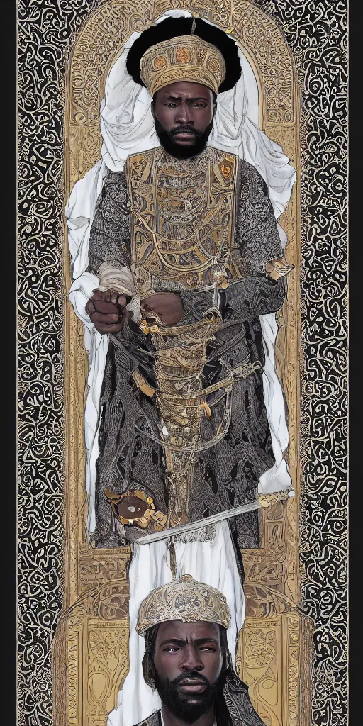 Image similar to a stunning and noble highly detailed romantic period style portrait of mansa musa by josep tapiro baro, by james jean, by kim jung gi, trending on artstation, oil painting masterpiece, symmetry, mysterious, very very very aesthetic, african iconography