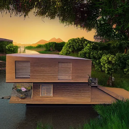 Image similar to a relaxing landscape with a singular house near a river at sunset in Pixar style