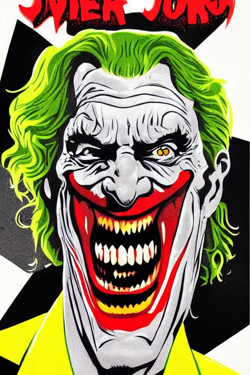 Prompt: John Noble as the Joker on a 1970s horror movie poster , vintage 70s print, detailed, scary, horror, screen print, trending on artstation