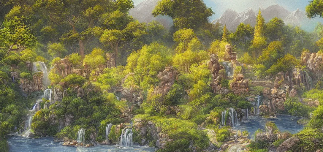 Image similar to Rivendell landscape painted by a five-year old, digital painting