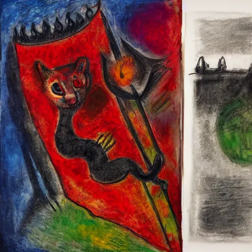 Prompt: russian hyperrealistic inferno land cone cougar graphite guitar chinon , by Pablo Picaso and Marc Chagall and Mark Rothko , panorama , charcoal drawing , National Geographic photo