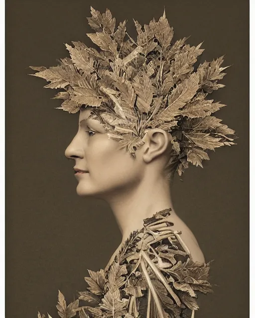 Prompt: a woman's face in profile, wearing a soldier's helmet made of intricate delicate leaf skeleton, in the style of the dutch masters and gregory crewdson, dark and moody