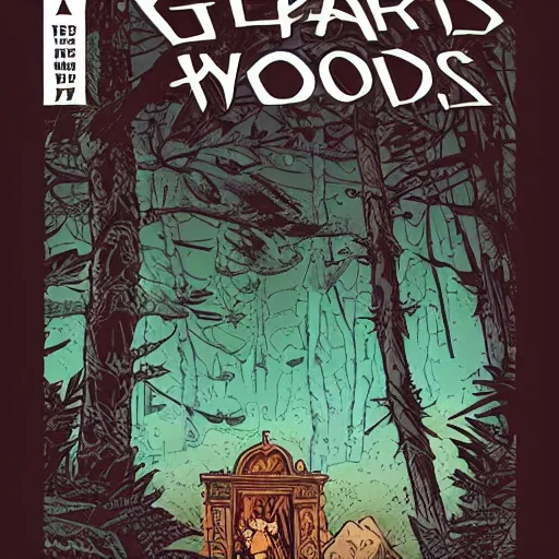 Prompt: a large doorway in the woods that leads to a strange land, highly detailed, smooth, sharp focus, bold warm and cool colours, high contrast, background depth, graphic novel, art by laurie greasley and mike mignola,