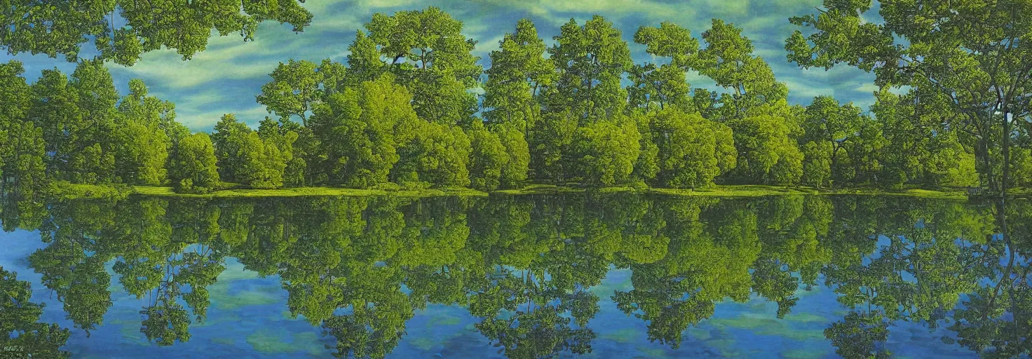 Image similar to escher painting of a lake, big trees reflecting on lake surface, ultra sharp, ultra detailed, colorized by salvador