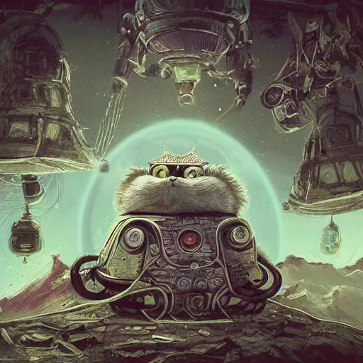 Image similar to On the morning of the robot queen's coronation, The Mekanik Doll, chubby moss kitten, Mount Fuji seen from the International Space Station, the theme of Alice in Wonderland, digital painting, concept art, illustration, deep dark, artstation, intricate, beautiful and thematically complex, ue5, by Dylan Kowalski and deiv calviz