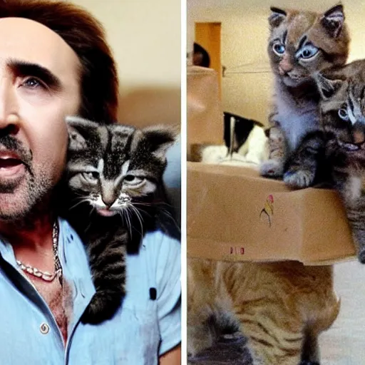 Image similar to nicolas cage is a huge cat with huge nicolas cage kittens