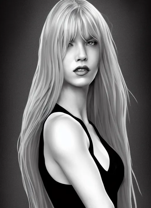 Image similar to full body portrait of a beautiful woman in black and white, photorealistic, hair down to waist, in the style of Kevin Kostic, art by diego fazio and diegoKoi and artgerm, hyper sharp focus, 8k highly detailed