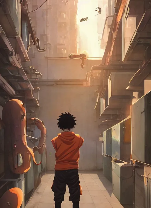 Image similar to highly detailed krillin standing outside building with a window with metal bars and naruto uzumaki with black hair behind them art by greg rutkowski, loish, rhads, ferdinand knab, makoto shinkai and lois van baarle, ilya kuvshinov, rossdraws, tom bagshaw, global illumination, radiant light, detailed and intricate environment