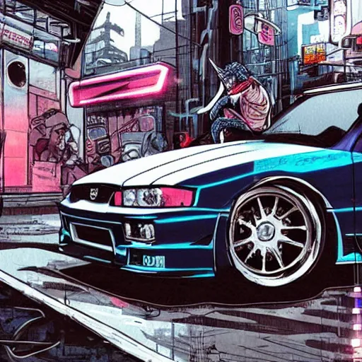 Image similar to beautiful hyper-detailed artwork of a ninja warrior with a sword, driving through the city, in a modified Nissan skyline r34, cyberpunk style