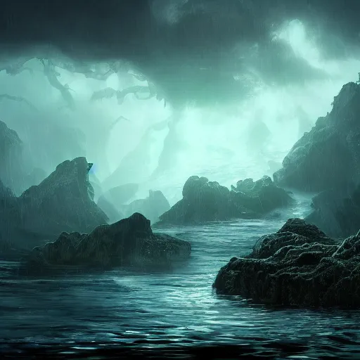 Image similar to cthulhu, water landscape, dramatic lighting, cinematic, establishing shot, extremly high detail, photorealistic, cinematic lighting, post processed, concept art, artstation, matte painting, style by greg rutkowsky