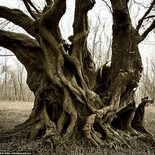 Prompt: a old gnarled tree, bark covered in the suggestion of faces, a group of misfits climb the tree, edge of a eerie forest, cursed grounds, something feels off