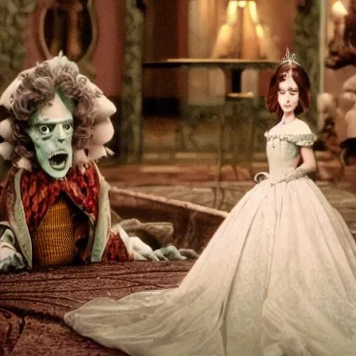 Image similar to an infallible princess, high resolution film still, live-action film by Tim Burton