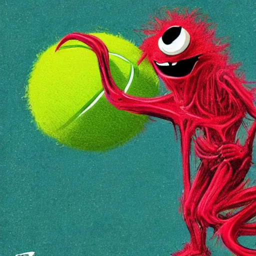 Image similar to a tennis ball monster shrugging shrug , digital art, fantasy, magic, trending on artstation, ultra detailed, professional illustration by Basil Gogos