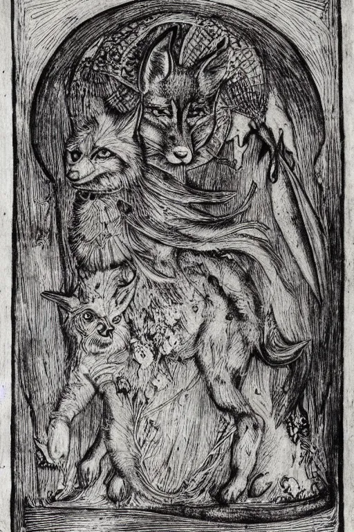 Image similar to realistic medieval etching of the fox of chaos, high detail, elaborate composition, quality draughtmanship, detailed faces. by austin osman spare, occult art, alchemical diagram