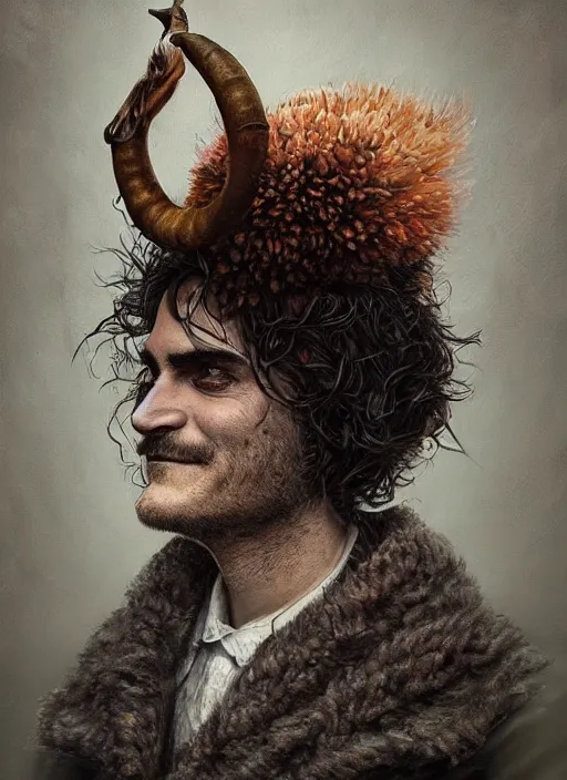 Image similar to a hyper detailed painting of a anthropomorphic joaquin phoenix as the king of animals, cow horns, pig nose, sheep wool, chicken feathers, horror, by anna podedworna, by miklos ligeti, by diego maricato, by taran fiddler, by antonino truisi, by chris reddie, on artstation