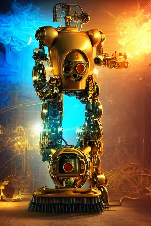 Prompt: portrait photo of a giant huge golden and blue metal steampunk robot with gears and tubes, robot is a vaccuumcleaner, on the wet floor are mop and bucket, eyes are glowing red lightbulbs, shiny crisp finish, 3 d render, 8 k, insaneley detailed, fluorescent colors, background is multicolored lasershow