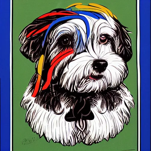 Image similar to tlingit haida lithograph, portrait of havanese dog, simplified forms, multiple colors, print by tristan - wolf reg davidson clifton guthrie maynard johnny jr.