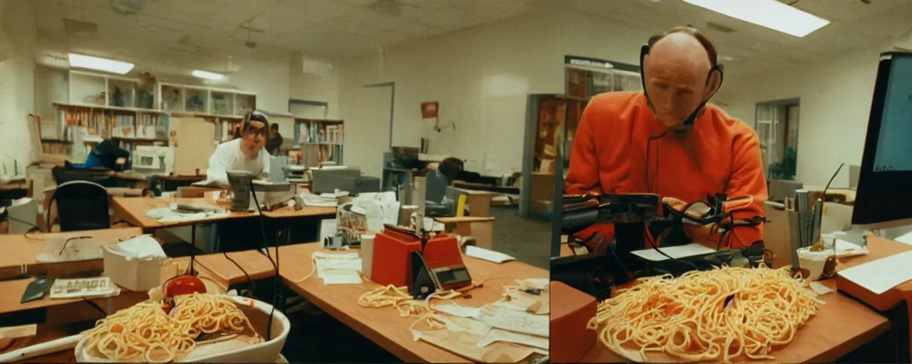 Prompt: security cam footage of someone with their head on spaghetti at their desk, at work, kodachrome, in the style of wes anderson, retro!! no repeat!!