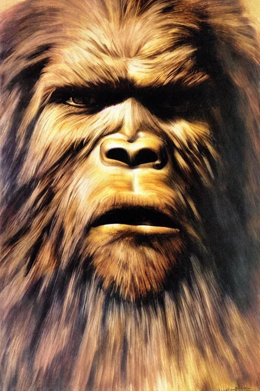 Prompt: a closer personal portrait of bigfoot with very piercing eyes, very charismatic. in the old west. masterpiece, dark. painted by norman rockwell and james gurney