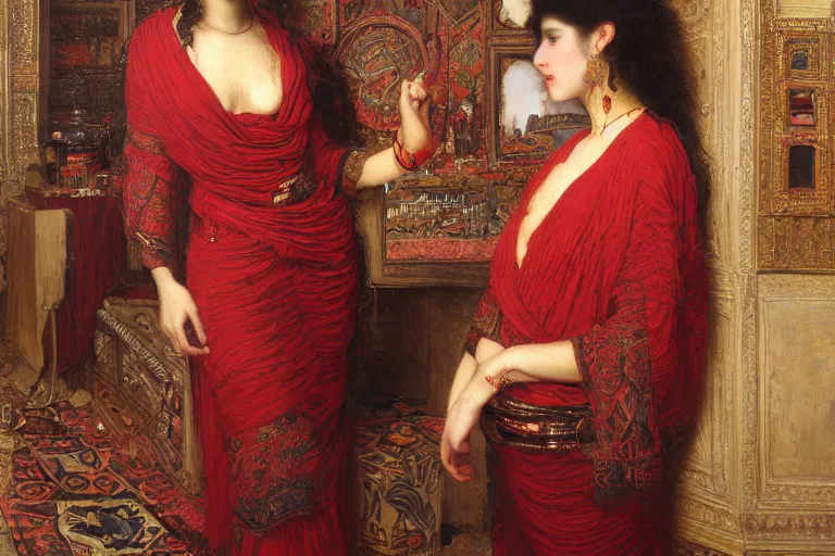 Prompt: orientalist portrait of a woman with thick black bangs and curly hair wearing a red dress selling tapestries in a busy marketplace intricate artwork by Fabio Fabbi and john william waterhouse and Edwin Longsden Long and Nasreddine Dinet and Theodore Ralli trending on artstation, very coherent symmetrical artwork high detail 8k