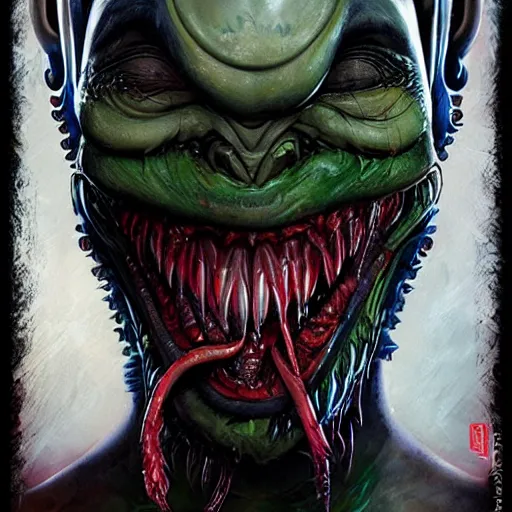 Image similar to lofi scorn giger alien venom joker biopunk portrait, Pixar style, by Tristan Eaton Stanley Artgerm and Tom Bagshaw.