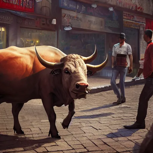 Prompt: a happy bull in a street market by greg rutkowski and thomas kinkade, trending on artstation, 3 d render octane