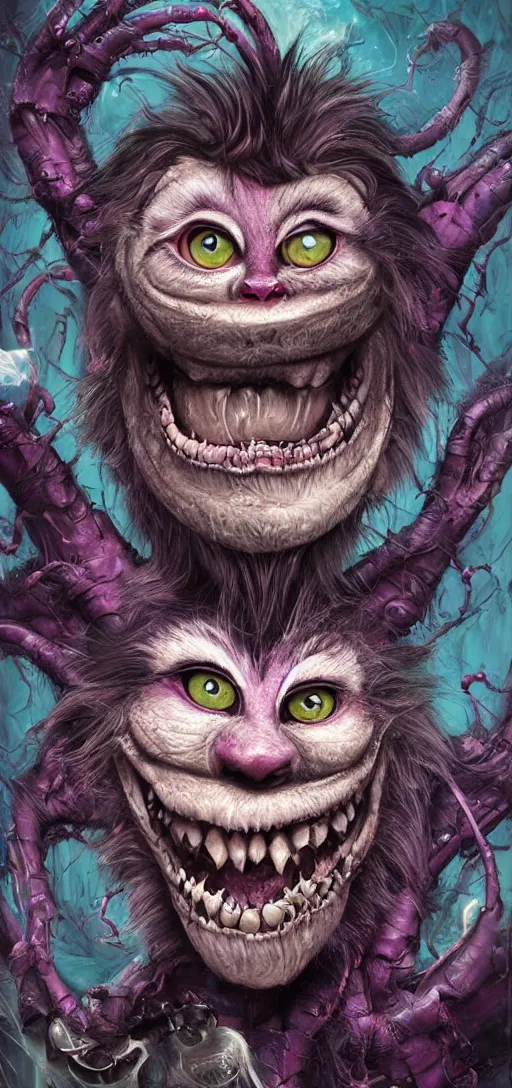 Image similar to dream portrait of evil Cheshire Cat from Alice in Wonderland,full character, melting ,8k,by tristan eaton,Stanley Artgermm,Tom Bagshaw,Greg Rutkowski,Carne Griffiths, Ayami Kojima, Beksinski, Giger,trending on DeviantArt,face enhance,hyper detailed,minimalist,horror, android, full of colour